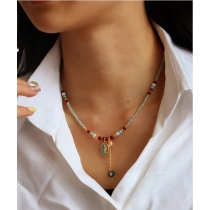 Fashionable retro colored dripping oil natural stone bead necklace for women, versatile, high-end, niche necklace