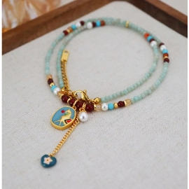 Fashionable retro colored dripping oil natural stone bead necklace for women, versatile, high-end, niche necklace