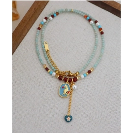 Fashionable retro colored dripping oil natural stone bead necklace for women, versatile, high-end, niche necklace