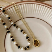 Tiger Eye Stone Beaded Necklace Set, Stacked Neck Chain, Exquisite and Versatile, Maillard Clavicular Chain
