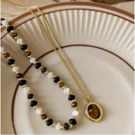 Tiger Eye Stone Beaded Necklace Set, Stacked Neck Chain, Exquisite and Versatile, Maillard Clavicular Chain