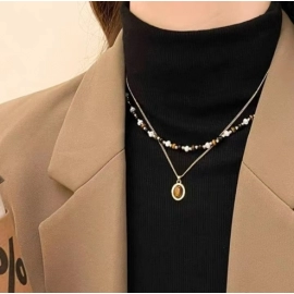 Tiger Eye Stone Beaded Necklace Set, Stacked Neck Chain, Exquisite and Versatile, Maillard Clavicular Chain
