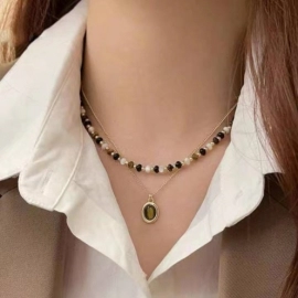 Tiger Eye Stone Beaded Necklace Set, Stacked Neck Chain, Exquisite and Versatile, Maillard Clavicular Chain