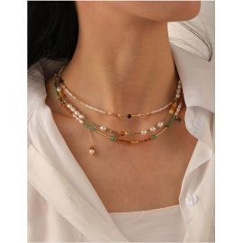 Small niche stacked Xiaomi bead colored bead necklace for women, versatile, fashionable, personalized, freshwater pearl necklace