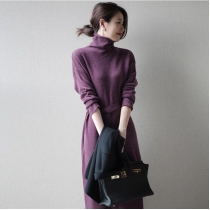Autumn high neck knitted dress with feminine and fashionable goddess style, tied waist, mid length, knee length sweater