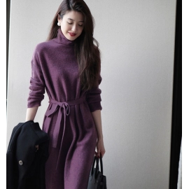 Autumn high neck knitted dress with feminine and fashionable goddess style, tied waist, mid length, knee length sweater