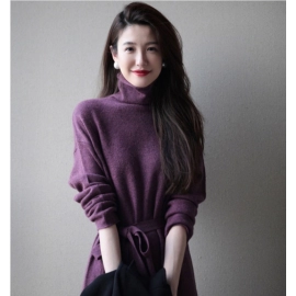 Autumn high neck knitted dress with feminine and fashionable goddess style, tied waist, mid length, knee length sweater
