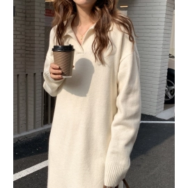 Polo collar base skirt for autumn and winter, paired with a long coat, over the knee lazy style, loose and thick sweater, knitted dress for women