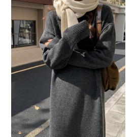 Polo collar base skirt for autumn and winter, paired with a long coat, over the knee lazy style, loose and thick sweater, knitted dress for women