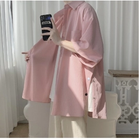 Seven point short sleeved shirt for men's summer men's ice silk shirt, casual Japanese loose ins trendy half sleeved top