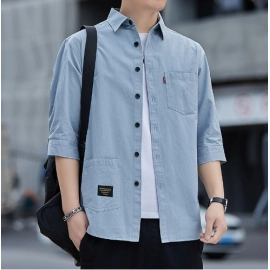 Cotton shirt men's seven quarter sleeved short sleeved cotton workwear solid color loose and handsome mid sleeved shirt