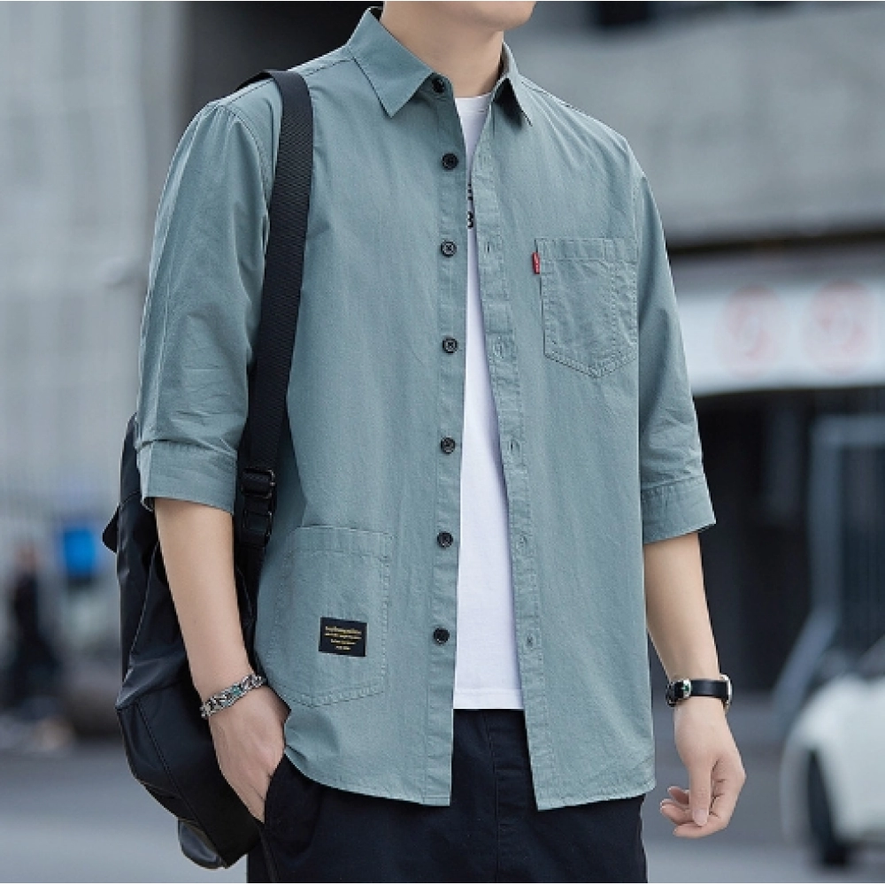 Cotton shirt men's seven quarter sleeved short sleeved cotton workwear solid color loose and handsome mid sleeved shirt