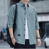 Cotton shirt men's seven quarter sleeved short sleeved cotton workwear solid color loose and handsome mid sleeved shirt