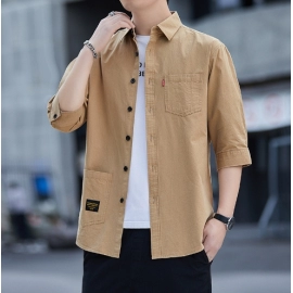 Cotton shirt men's seven quarter sleeved short sleeved cotton workwear solid color loose and handsome mid sleeved shirt