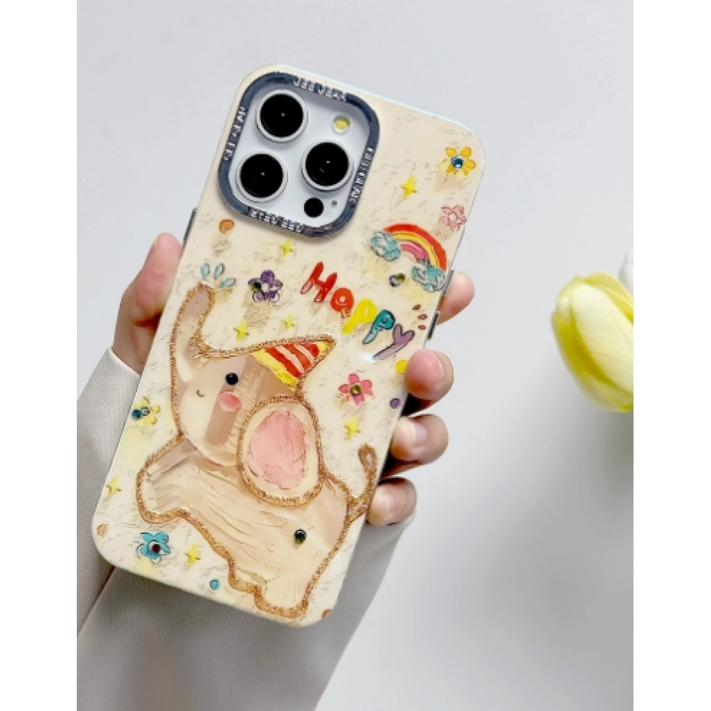Fun cartoon electroplated frame, drip glue blue diamond giraffe, Apple 14 phone case, 15promax transparent, 12 soft edges